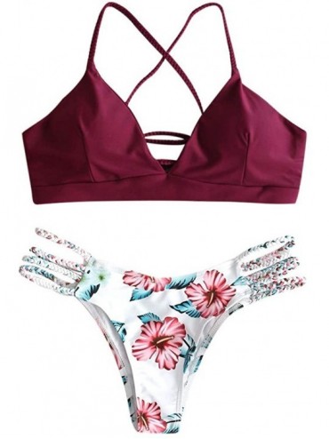 Sets Womens Teen Girls Hawaiian 2 PC Bikini Set Strappy Bathing Suit Fashion Simple Cute Swimsuit Swimwear Wine Red&b - C919C...