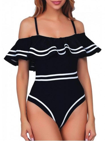 One-Pieces Women 1 Piece Vintage Navy Ruched Flounce Off Shoulder Swimwear High Waisted Swimsuit Monokini - Black - CW18L7G8W...