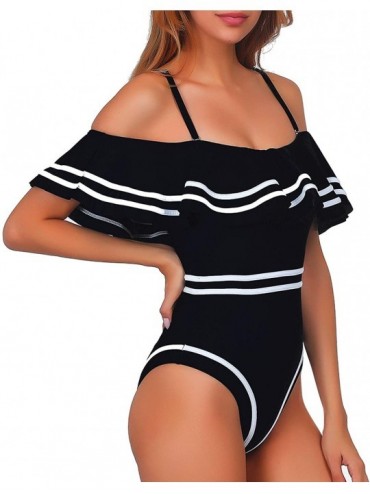 One-Pieces Women 1 Piece Vintage Navy Ruched Flounce Off Shoulder Swimwear High Waisted Swimsuit Monokini - Black - CW18L7G8W...