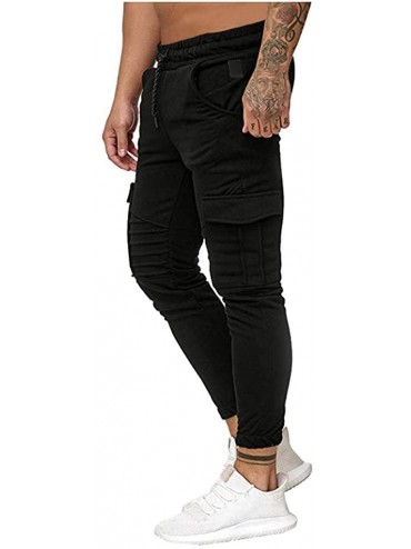 Rash Guards Men's Sweatpants Casual Elastic Waist Pleated Stripe Slim Fit Cargo Trouser with Multi-Pocket - Black - CW18WO8T2...