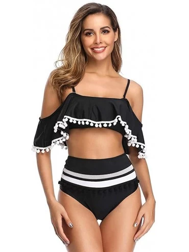 Sets Women Mesh Striped Bikini Set Off The Shoulder Ruffle Tassel Trim Top High Waisted Halter Straps Swimsuit - Black - CG18...