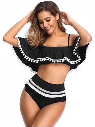 Sets Women Mesh Striped Bikini Set Off The Shoulder Ruffle Tassel Trim Top High Waisted Halter Straps Swimsuit - Black - CG18...