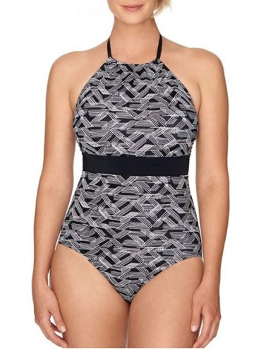 One-Pieces Women's Black and White Geometric Print High Neck One Piece Swimsuit with Full Seat Coverage - CW18W0T9AYI $49.01