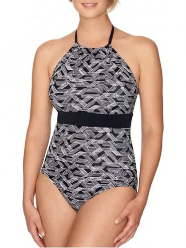 One-Pieces Women's Black and White Geometric Print High Neck One Piece Swimsuit with Full Seat Coverage - CW18W0T9AYI $28.87