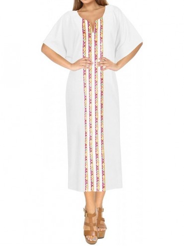 Cover-Ups Women's Maxi Caftan Boho Dress Sleep Wear Swim Cover Ups Embroidery - Cool White_b296 - CW189ITE2IS $40.91