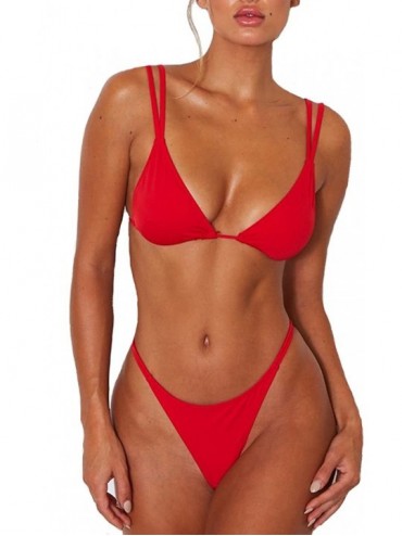 Sets Women's Sexy Thong Bottom Two Piece Bikini Double Shoulder Straps Cute Swimsuit Triangle Bathing Suit - Red - C918UDY45N...