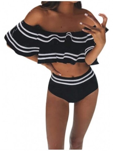 Racing Women Two Piece Swimsuit High Waisted Off Shoulder Ruffled Bikini Set Bathing Suits Swimwear - Black - CR196DE9K8S $27.31