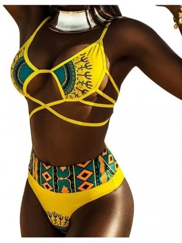 Sets Women's African Tribal Print High Cut Bikini Set 2 Piece High Waist Bandage Swimsuit Swimwear - Yellow - CR18SHQRY99 $31.65