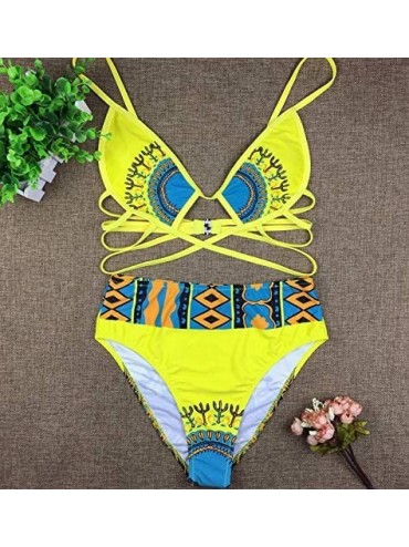 Sets Women's African Tribal Print High Cut Bikini Set 2 Piece High Waist Bandage Swimsuit Swimwear - Yellow - CR18SHQRY99 $16.68