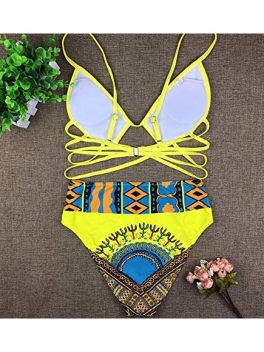 Sets Women's African Tribal Print High Cut Bikini Set 2 Piece High Waist Bandage Swimsuit Swimwear - Yellow - CR18SHQRY99 $16.68