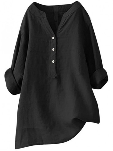 Bottoms Women Solid Stand Collar Long Sleeve Shirt Casual Loose Blouse Button Down Tops - Black - CQ18UANNZK8 $17.30