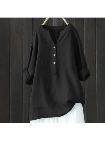 Bottoms Women Solid Stand Collar Long Sleeve Shirt Casual Loose Blouse Button Down Tops - Black - CQ18UANNZK8 $17.30