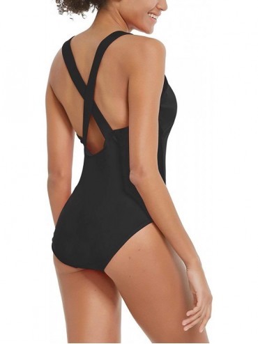 Racing Women's Athletic One Piece Swimsuit Back Zip Retro High Neck Training Sport Monokini Swimwear Bathing Suit Black 1 - C...