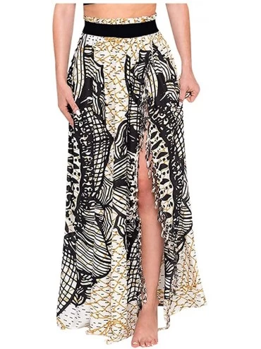 Cover-Ups Women Boho Dress Floral Print Chiffon Maxi Skirt Vintage Flowy Long Beach Skirt Maxi Dress - Black - CH199AU9Z7G $4...