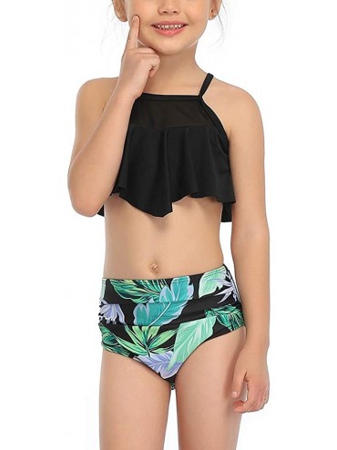 Sets Women 2Pcs Fancy Mom and Me Bathing Suits Swimwear Family Matching Swimsuit Girls Bikini Sets Black + Green Leaves - C21...