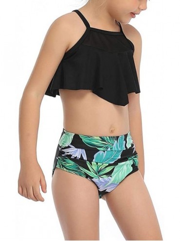 Sets Women 2Pcs Fancy Mom and Me Bathing Suits Swimwear Family Matching Swimsuit Girls Bikini Sets Black + Green Leaves - C21...