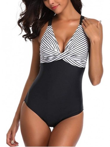 Sets Swimwear for Womens- Summer Beach Siamese Set Push-Up Stripe Beachwear Tankini Bikini - Black - CN18R3T73AQ $12.96