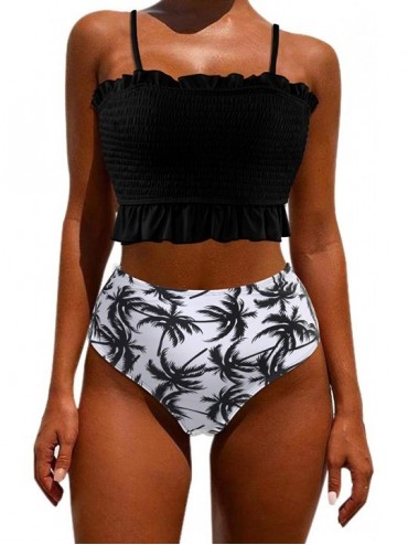 Sets Women's Bandeau Bikini Sets Cute Shirred Swimsuit High Waisted Bathing Suit - 58-coconut Tree - CW18WS0L0ZL $25.79