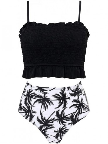 Sets Women's Bandeau Bikini Sets Cute Shirred Swimsuit High Waisted Bathing Suit - 58-coconut Tree - CW18WS0L0ZL $25.79