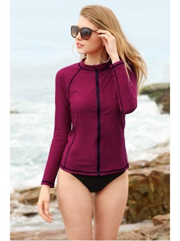 Rash Guards Women's Zip Front Long Sleeve Rash Guard Swimsuit UV Swim Shirt Swimwear - Purple/Black - C618E9YQ7Y4 $23.68