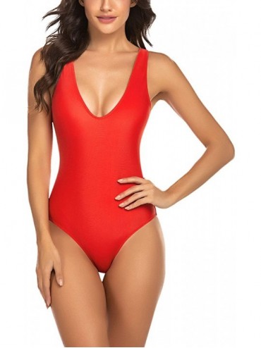 One-Pieces Women's One Piece Swimsuit Solid Monokini Bathing Suit - Red - CM18G9T9QHN $14.89
