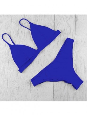 Sets Women Casual Solid Color Simple Triangle High Waisted Two Piece Cute Bikini Set Bathing Suit Beach Swimwear Blue - CA193...