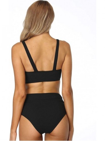 Sets Women's Ribbed Tie Knot Front High Waisted Bikini Swimsuit - Black - CT194CTESO9 $31.49