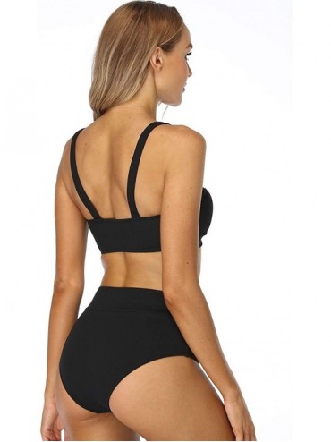 Sets Women's Ribbed Tie Knot Front High Waisted Bikini Swimsuit - Black - CT194CTESO9 $31.49