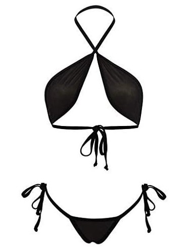 Sets Sexy Women Two Piece Swimsuit High Cut Backless Bikini Set Bandage Solid Brazilian Swimwear Mesh Underwear Thong Black -...