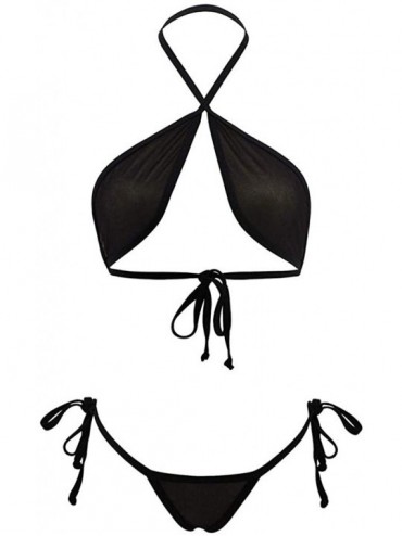 Sets Sexy Women Two Piece Swimsuit High Cut Backless Bikini Set Bandage Solid Brazilian Swimwear Mesh Underwear Thong Black -...