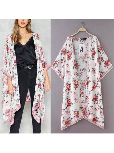 Cover-Ups Fashion Chiffon Shawl Print Kimono Cardigan Top Cover Up Blouse Beachwear Women - White - CU18TTXYEZH $13.75
