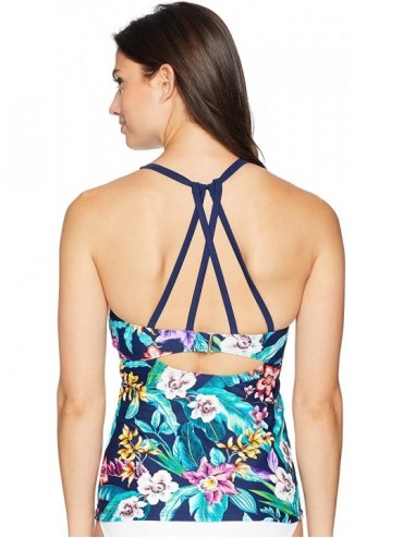 Tankinis Women's Swimwear Highneck Halter Tankini Top with Strappy Back - Garden of Eden/Navy - CU18CERGYSU $39.67