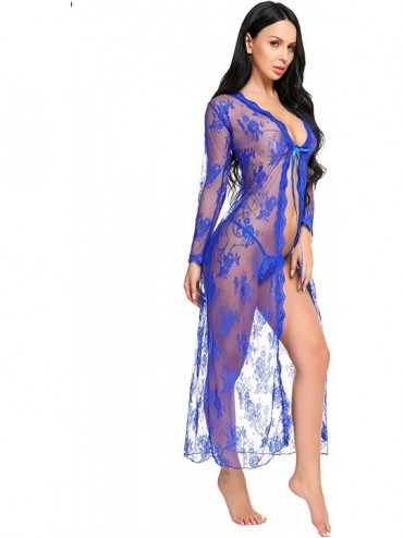Cover-Ups Lingerie for Women Sexy Long Lace Dress Sheer Gown See Through Kimono Robe - Blue - CK183K4QADD $31.83