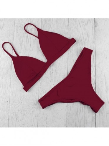 Cover-Ups Women Stripe Printing Padded Push up 2 Piece Bikini Sets Swimsuits - Wine Red - CX196DGQ6Y9 $15.30