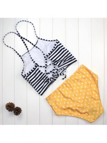 Sets Vintage Stripe Top Dot Printing High-Waisted Swimsuit Halter Bikini Set Padded Bathing Suit Swimwear - Yellow - CG18C753...