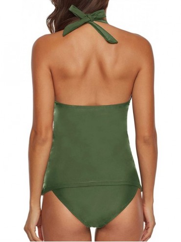 Sets Two Piece Swimsuit Sexy V-Neck Ruffle Halter Backless Flyaway Tankini Suit - Green - CM192WS6Z36 $27.19