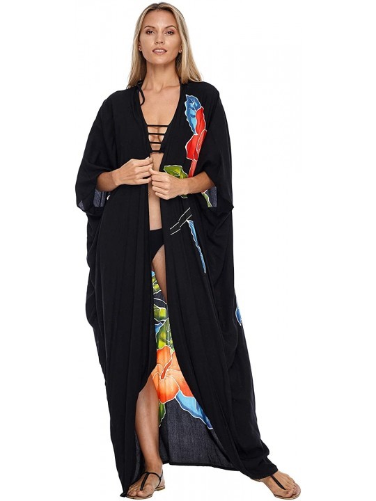 Cover-Ups Womens Kimono Cardigan Open Front Floral Robe Beach Cover Up One Size - Black - C4193L722ZY $44.18