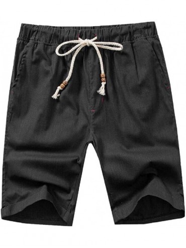 Board Shorts Men's Drawstring Solid Elastic Waist Summer Beach Swim Trunk Cotton Linen Casual Shorts - Black - CS198AQ7ROE $4...