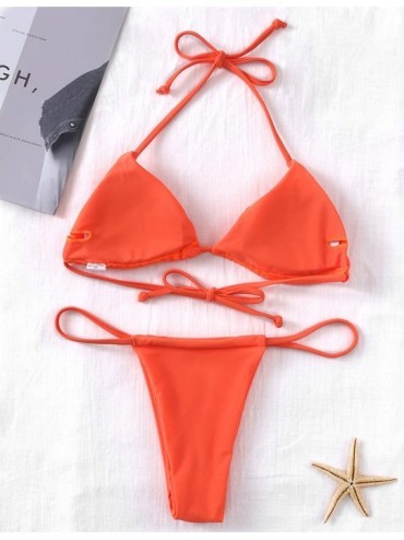 Sets Bikini Set Bandage Solid Brazilian Swimwear Two Pieces Swimsuit Padded Thong Bathing Suits Bikinis Set Bright Orange - C...