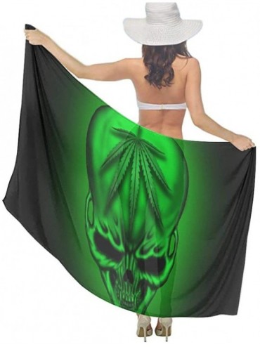 Cover-Ups Women Girls Fashion Chiffon Beach Bikini Cover Up Sunscreen Wrap Scarves - Green Marijuana Weed Leaf Skull - C8190H...