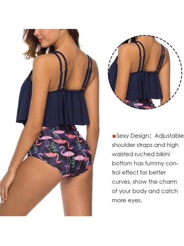 Bottoms High Waisted Bikini Swimsuits for Women Retro Ruffled Flounce Swimwear Two Piece Tankini Bathing Suits - E-black Coco...