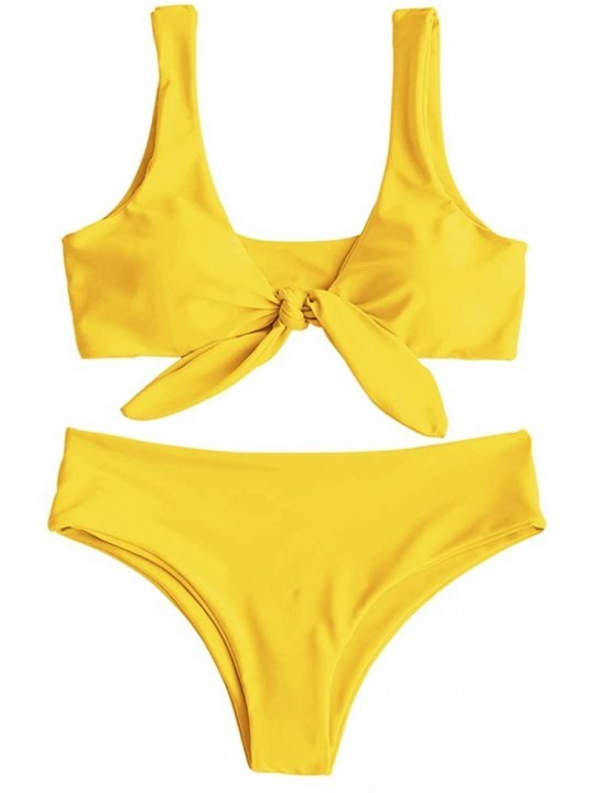 Sets Women Solid Color Strap Padded Front Knot Bikini Set Cute Two Piece Swimsuits - Yellow - C318R9RYW8E $17.84