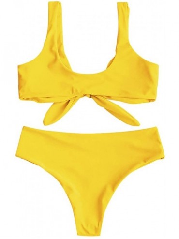 Sets Women Solid Color Strap Padded Front Knot Bikini Set Cute Two Piece Swimsuits - Yellow - C318R9RYW8E $17.84