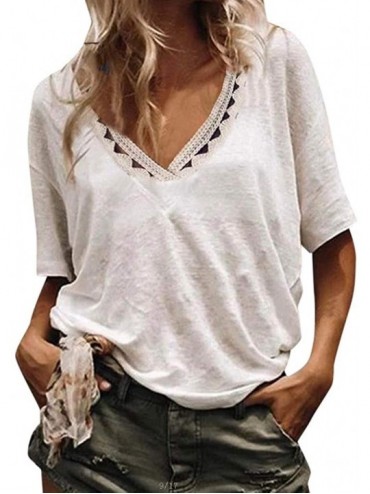 Bottoms Womens Summer Short Sleeve T Shirts V Neck Tunic Hollow Out Solid Tops Tees Loose Casual Workout Shirts - White - CU1...