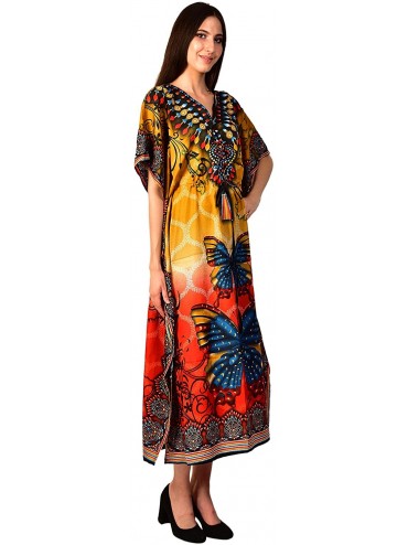 Cover-Ups Women Bathing Suits Cover Up Butterfly Print Kaftan Beach Maxi Dress - Yellow - CV18Y5ZWKHL $12.11