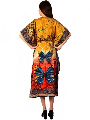 Cover-Ups Women Bathing Suits Cover Up Butterfly Print Kaftan Beach Maxi Dress - Yellow - CV18Y5ZWKHL $12.11