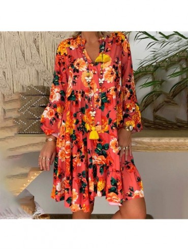 Cover-Ups Women 3/4 Sleeve Long Loose Dress- Summer Floral Daily Party Vacation Beach Comfy Plus Size Maxi Dresses - Orange -...