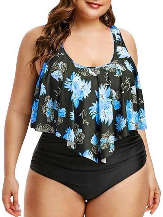 Tankinis Women Two Piece High Waisted Ruched Flounce Bikini Set Plus Size Ruffled Swimsuit Swimwear - 01 Blue - CL1955L46ZL $...