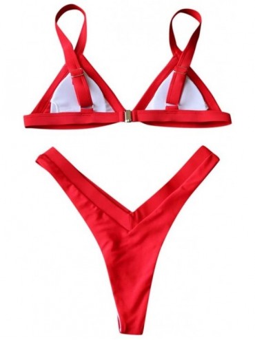 Sets Women's String Two Piece Halter Top Triangle Bikini Set with Tie Side Bottom Sexy Swimsuit Bathing Suits - Red - C3190YZ...
