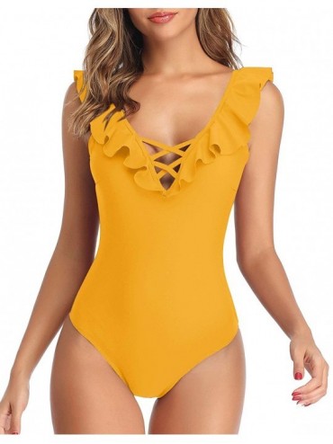 One-Pieces Women One Piece Swimsuit Ruffle Flounce Bathing Suit Deep V Neck Lace Up Swimwear - Yellow - CO18ZGGXIZ7 $47.18
